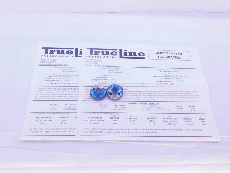 CERTIFIED 0 80 UNF 2A THREAD RING GAGES #0 .060 GO NO GO P.D.'S = .0514 & .0496 - DW31533TLC