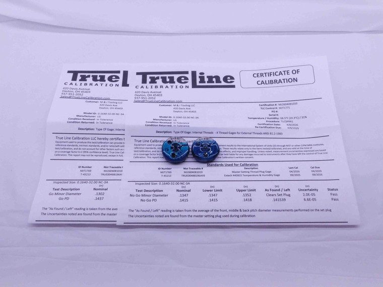 CERTIFIED 8 32 UNC 3A THREAD RING GAGES #8 .164 GO NO GO P.D.'S = .1437 & .1415 - DW31537TLC