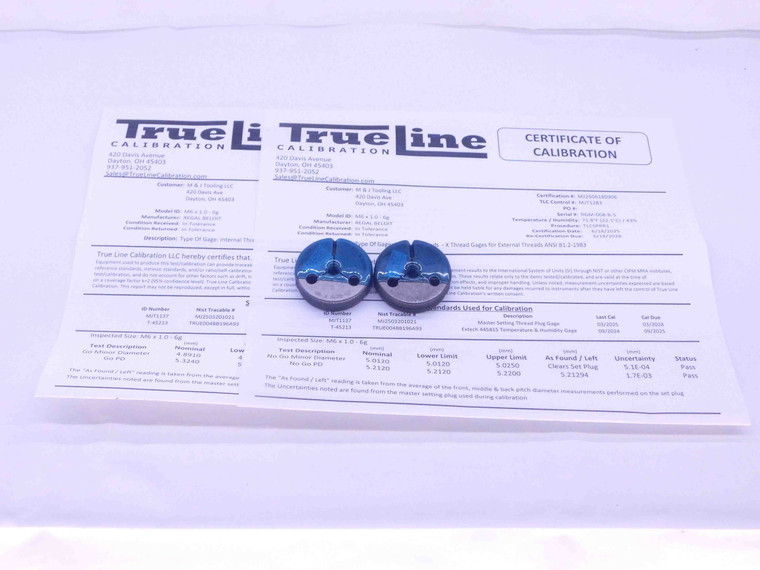 CERTIFIED M6 X 1 6g THREAD RING GAGES 6 1.0 GO NO GO P.D.'S = 5.324 & 5.212 - DW31540TLC