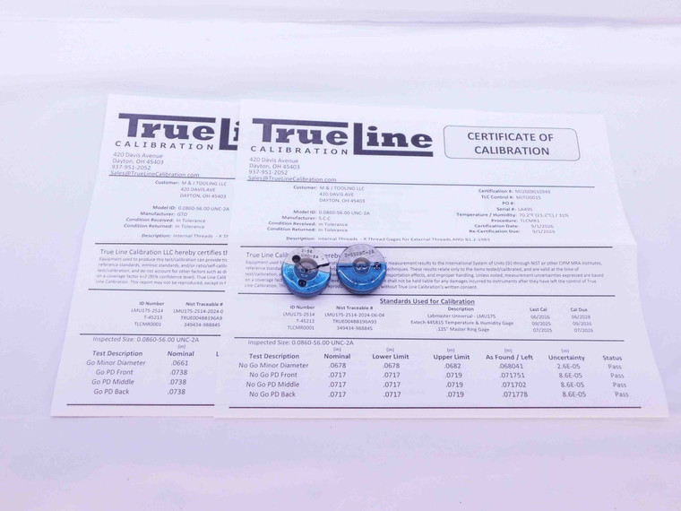 CERTIFIED 2 56 UNC 2A THREAD RING GAGES #2 .086 GO NO GO P.D.'S = .0738 & .0717 - DW31541TLC