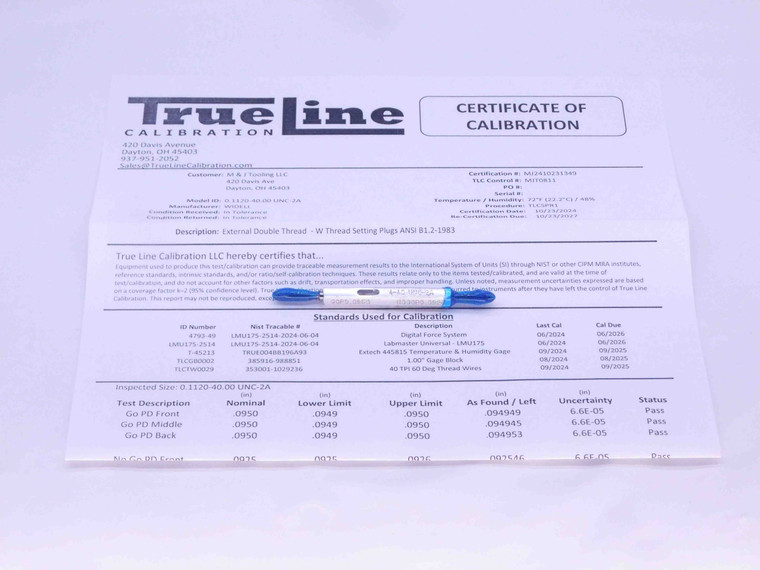 CERTIFIED 4 40 UNC 2A SET THREAD PLUG GAGE #4 .112 GO NO GO PDS= .0950 & .0925 - DW31547TLC