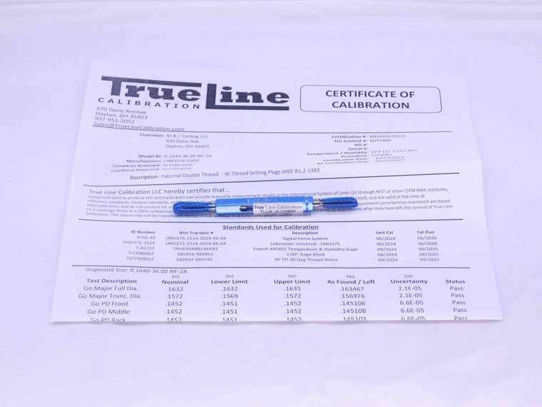 CERTIFIED 8 36 NF 2A SET THREAD PLUG GAGE #8 .164 GO NO GO = .1452 & .1424 UNF - DW31548TLC