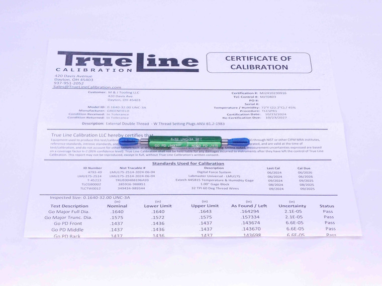 CERTIFIED 8 32 UNC 3A SET THREAD PLUG GAGE #8 .164 GO NO GO PDS= .1437 & .1415 - DW31549TLC
