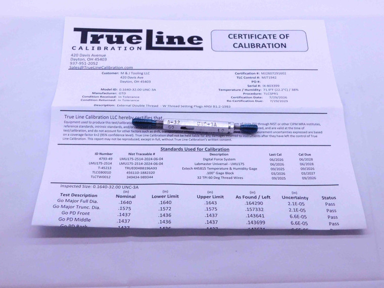 CERTIFIED 8 32 UNC 3A SET THREAD PLUG GAGE #8 .164 GO NO GO PD'S = .1437 & .1415 - DW31549TLC