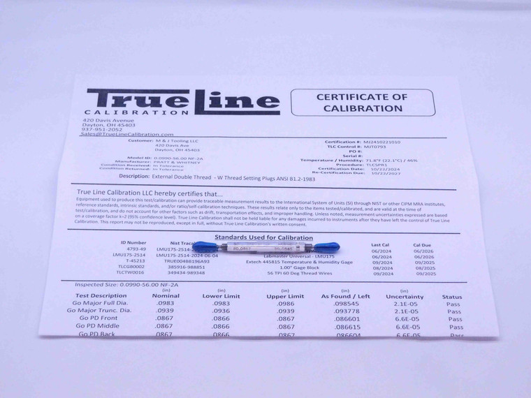 CERTIFIED 3 56 NF 2A SET THREAD PLUG GAGE #3 .099 GO NO GO PD'S = .0867 & .0845 - DW31552TLC