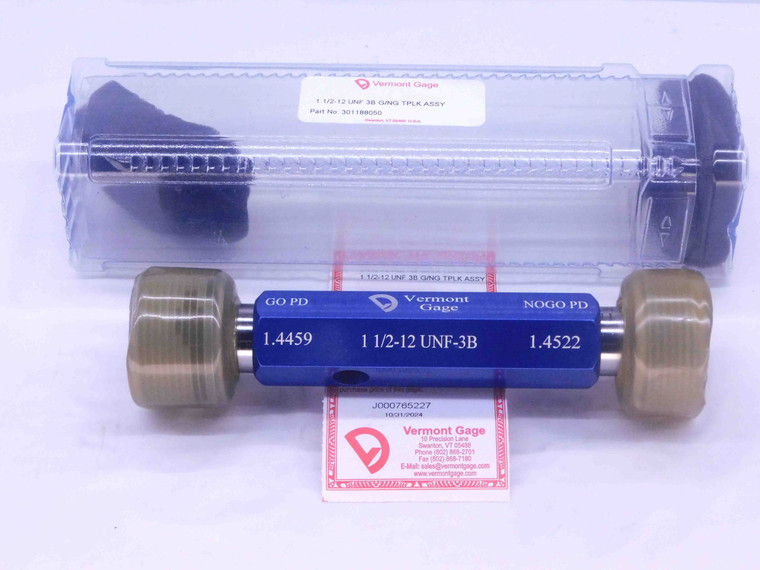 NEW 1 1/2 12 UNF 3B VERMONT THREAD PLUG GAGE 1.5 GO NO GO PD'S = 1.4459 & 1.4522 - DW31601VTG