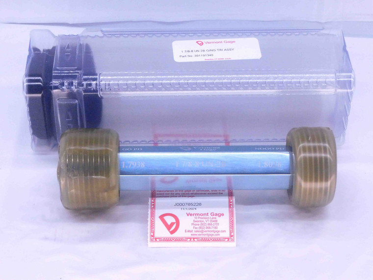 NEW 1 7/8 8 UN 2B VERMONT THREAD PLUG GAGE 1.875 GO NO GO PD'S = 1.7938 & 1.8038 - DW31603VTG