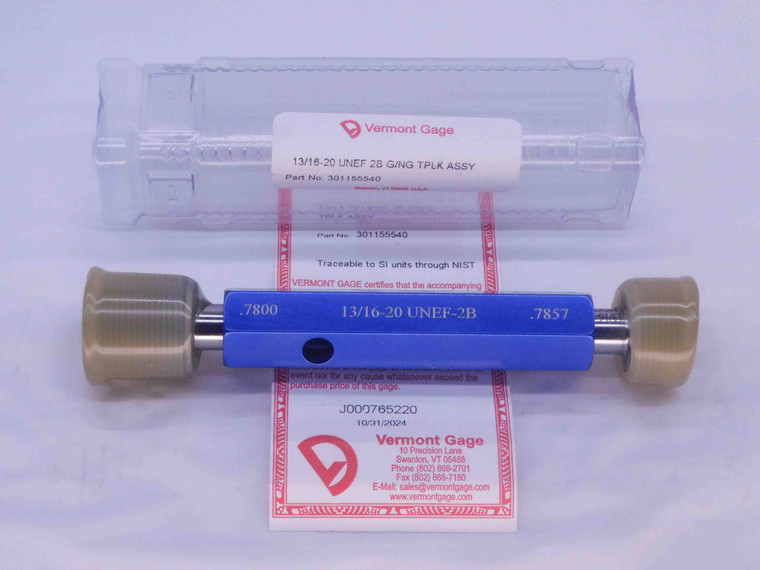NEW 13/16 20 UNEF 2B VERMONT THREAD PLUG GAGE .8125 GO NO GO PDS= .7800 & .7857 - DW31615VTG