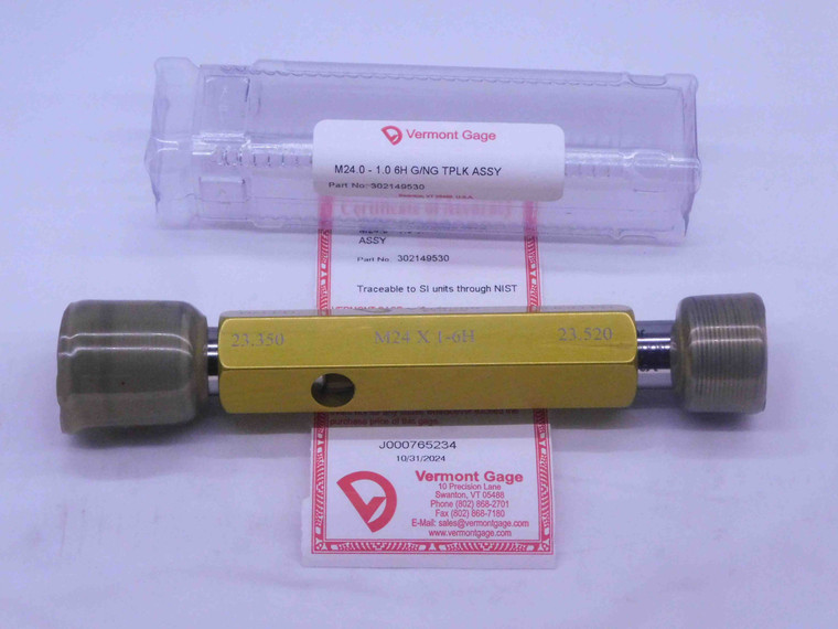 NEW M24 X 1 6H VERMONT THREAD PLUG GAGE 24 1.0 GO NO GO P.D.'S = 23.350 & 23.520 - DW31618VTG