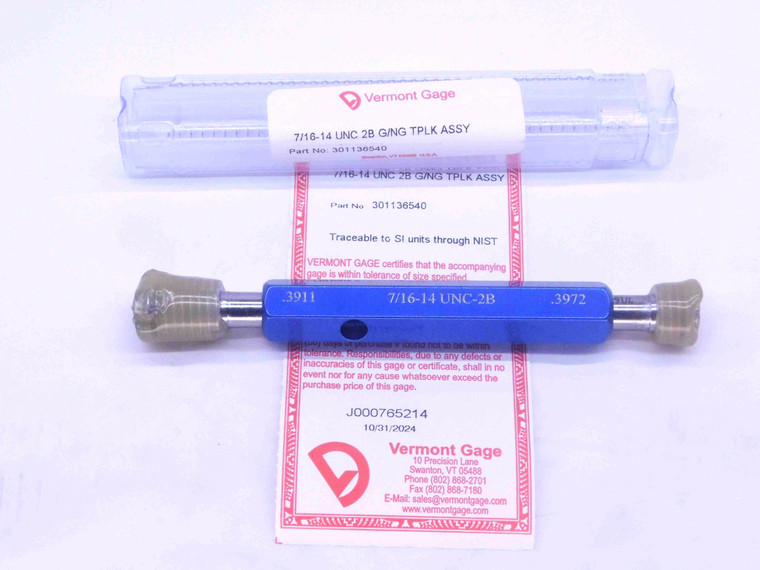 NEW 7/16 14 UNC 2B VERMONT THREAD PLUG GAGE .4375 GO NO GO PD'S = .3911 & .3972 - DW31627VTG