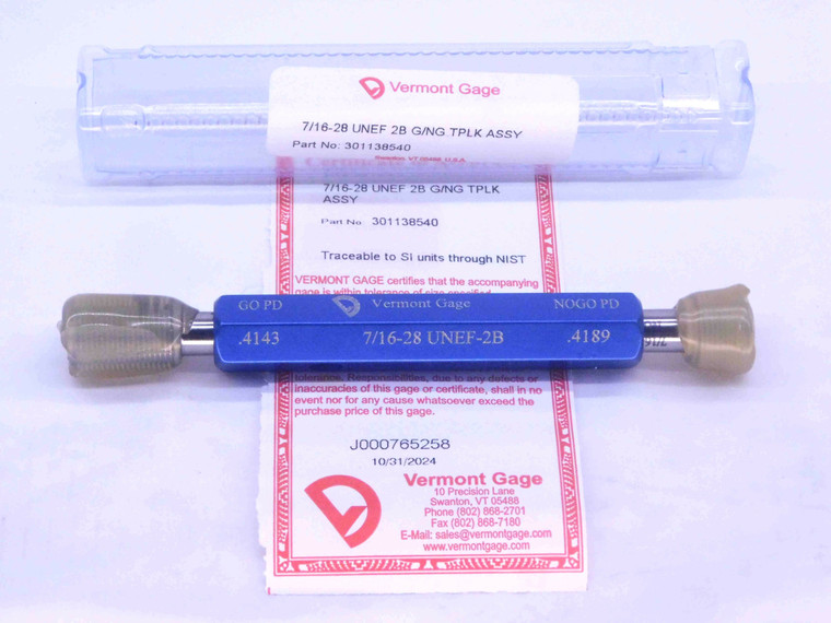 NEW 7/16 28 UNEF 2B VERMONT THREAD PLUG GAGE .4375 GO NO GO PD'S = .4143 & .4189 - DW31633VTG