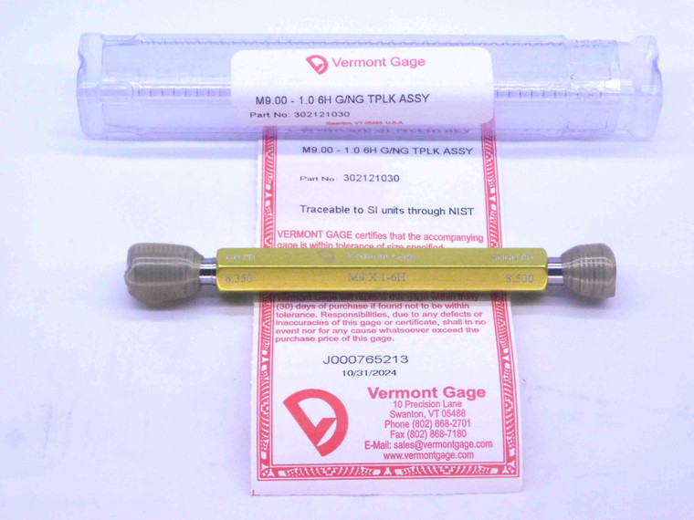 NEW M9 X 1 6H VERMONT THREAD PLUG GAGE 9 1.0 GO NO GO P.D.'S = 8.350 & 8.500 - DW31638VTG