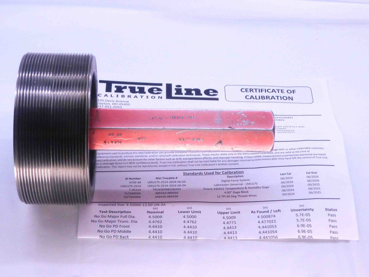 CERTIFIED 4 1/2 12 UN 3A SET THREAD PLUG GAGE 4.5 4.50 NO GO ONLY P.D. = 4.4410 - DW31679TLC