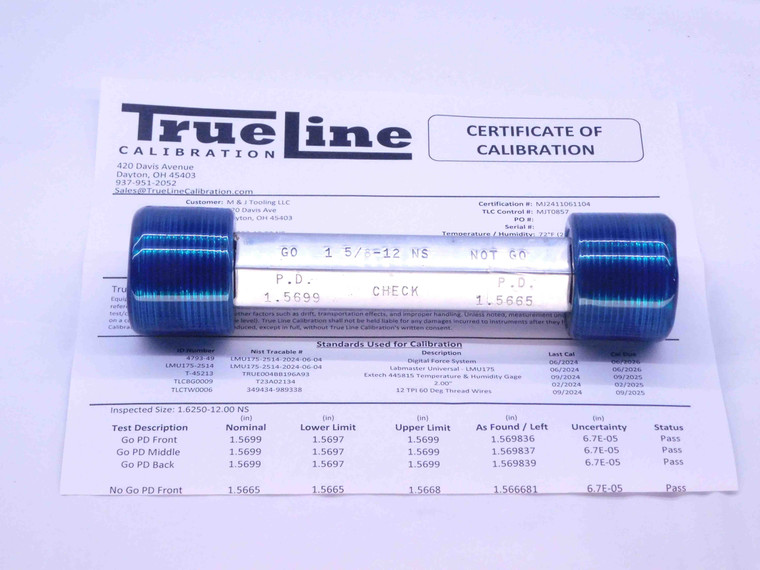 CERTIFIED 1 5/8 12 NS SET THREAD PLUG GAGE 1.625 GO NO GO PDS= 1.5699 & 1.5665 - DW31805TLC