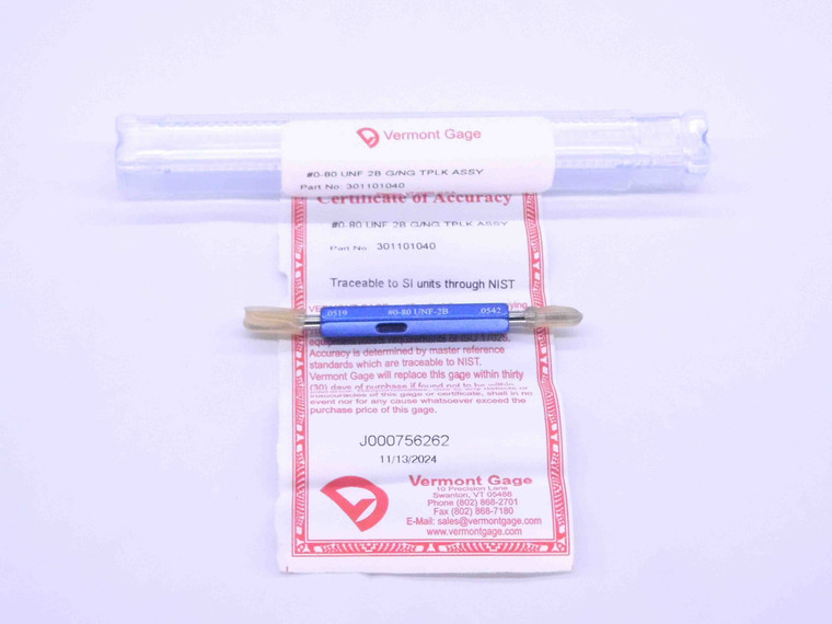 NEW 0 80 UNF 2B VERMONT THREAD PLUG GAGE #0 .060 GO NO GO P.D.'S = .0519 & .0542 - DW31946VTG