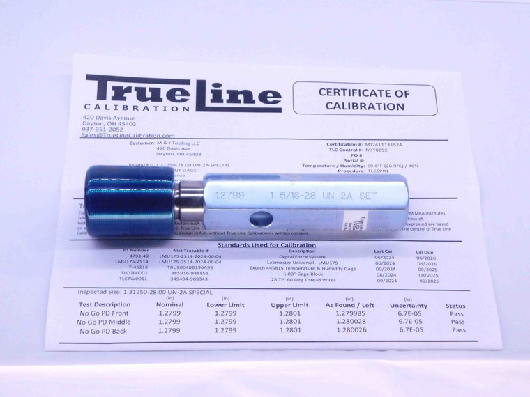 CERTIFIED 1 5/16 28 UN 2A SPECIAL SET THREAD PLUG GAGE 1.3125 NO GO ONLY= 1.2799 - DW31982TLC
