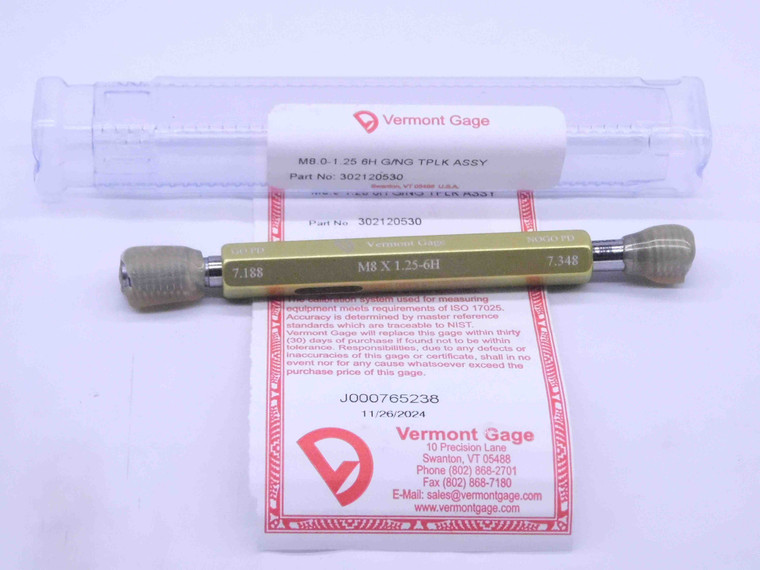 NEW M8 X 1.25 6H VERMONT THREAD PLUG GAGE 8 GO NO GO P.D.'S = 7.188 & 7.348 - DW32043VTG