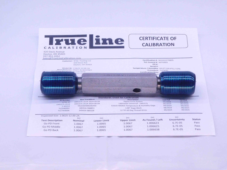 CERTIFIED 1 1/16 12 UN 2A SET THREAD PLUG GAGE 1.0625 GO NO GO = 1.0067 1.0010 - DW32063TLC