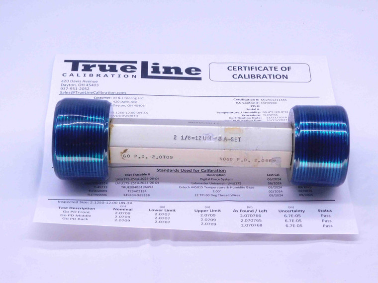 CERTIFIED 2 1/8 12 UN 3A SET THREAD PLUG GAGE 2.125 GO NO GO = 2.0709 & 2.0664 - DW32109TLC