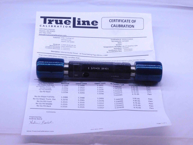CERTIFIED 1 1/4 28 UN 2A SET THREAD PLUG GAGE 1.25 GO NO GO = 1.2256 & 1.2215 - DW32135TLC