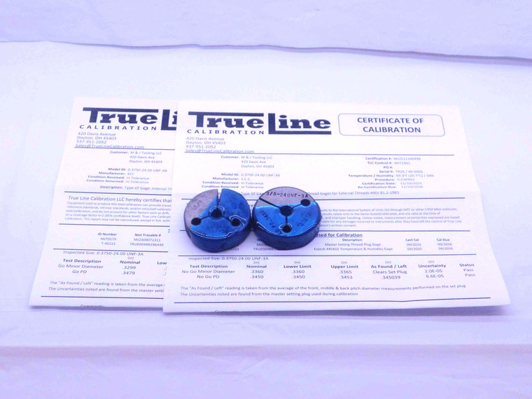 CERTIFIED 3/8 24 UNF 3A THREAD RING GAGES .375 GO NO GO P.D.'S = .3479 & .3450 - DW32221TLC