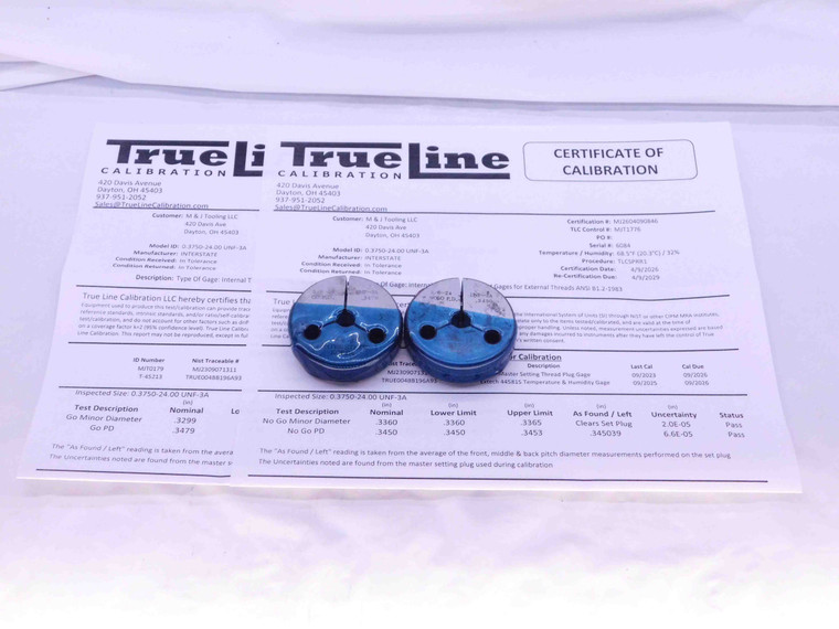 CERTIFIED 3/8 24 UNF 3A THREAD RING GAGES .375 GO NO GO P.D.'S = .3479 & .3450 - DW32221TLC