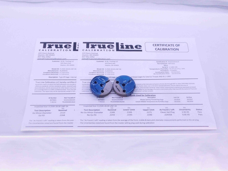 CERTIFIED 1/4 28 UNF 3A THREAD RING GAGES .25 GO NO GO P.D.'S = .2268 & .2243 - DW32222TLC