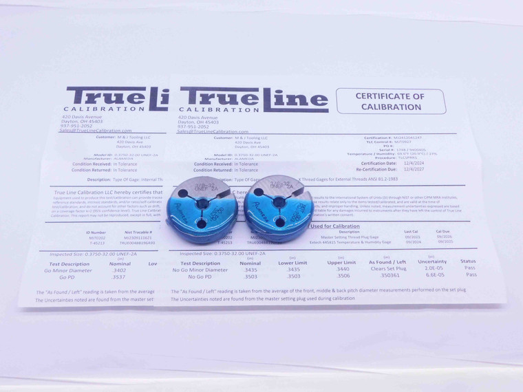 CERTIFIED 3/8 32 UNEF 2A THREAD RING GAGES .375 GO NO GO P.D.'S = .3537 & .3503 - DW32223TLC