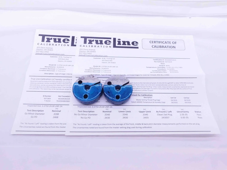 CERTIFIED 3/8 24 UNC 2A THREAD RING GAGES .375 GO NO GO P.D.'S = .3468 & .3430 - DW32232TLC