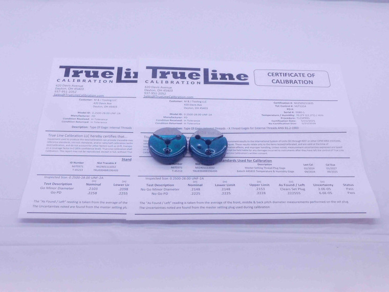 CERTIFIED 1/4 28 UNF 2A THREAD RING GAGES .25 GO NO GO P.D.'S = .2258 & .2225 - DW32234TLC