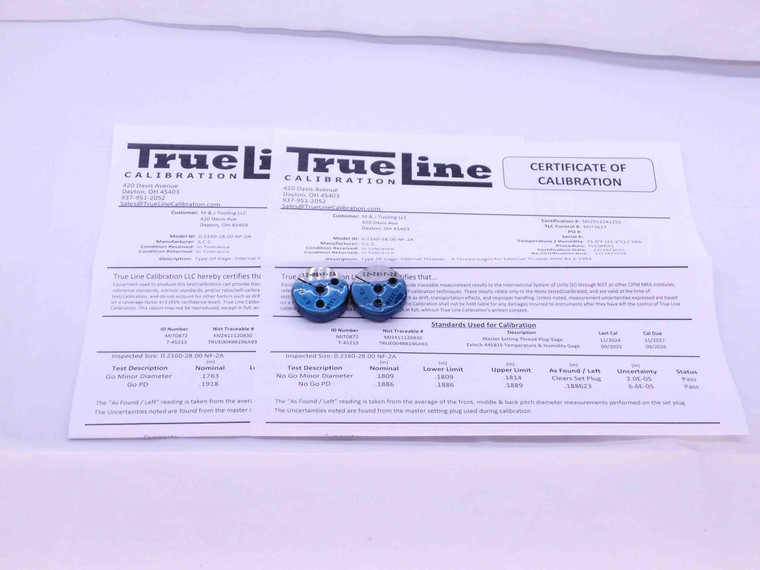 CERTIFIED 12 28 UNF 2A THREAD RING GAGES #12 .216 GO NO GO PD'S = .1918 & .1886 - DW32238TLC