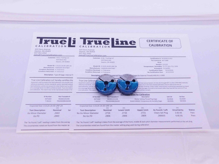 CERTIFIED 5/16 24 UNF 2A THREAD RING GAGES .3125 GO NO GO PD'S = .2843 & .2806 - DW32240TLC