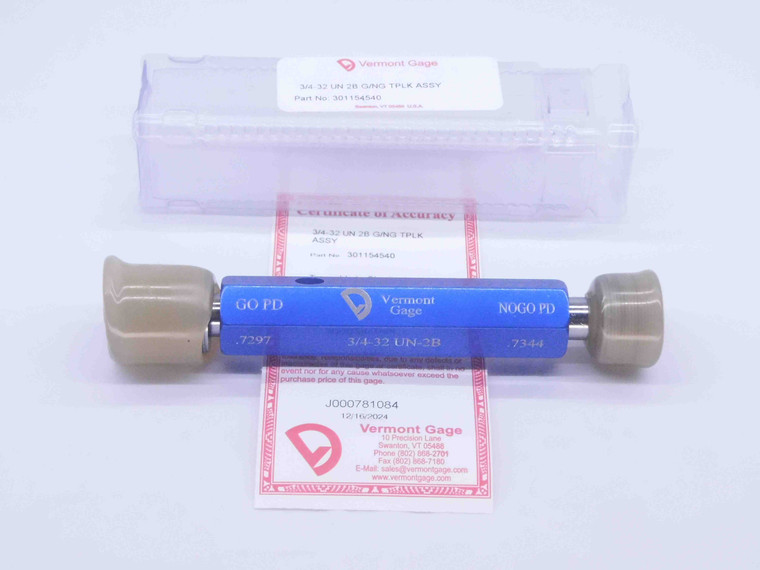 NEW 3/4 32 UN 2B VERMONT THREAD PLUG GAGE .75 GO NO GO P.D.'S = .7297 & .7344 - DW32322VTG
