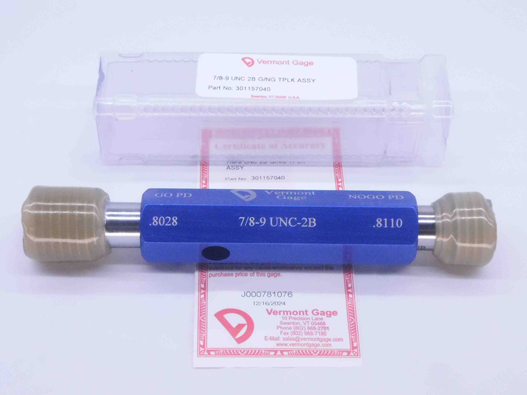 NEW 7/8 9 UNC 2B VERMONT THREAD PLUG GAGE .875 GO NO GO P.D.'S = .8028 & .8110 - DW32324VTG