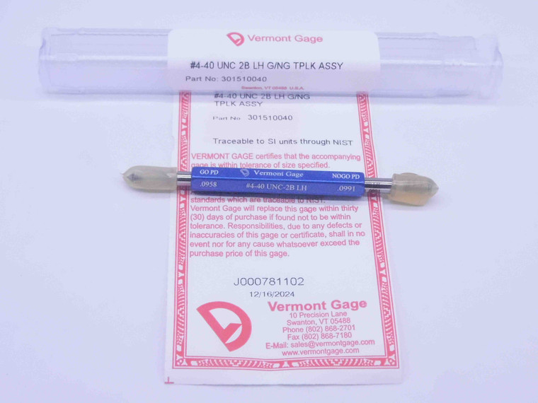 NEW 4 40 UNC 2B LEFT HAND VERMONT THREAD PLUG GAGE .112 GO NOGO = .0958 .0991 LH - DW32330VTG