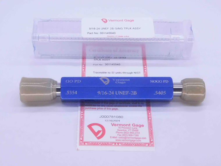 NEW 9/16 24 UNEF 2B VERMONT THREAD PLUG GAGE .5625 GO NO GO PD'S = .5354 & .5405 - DW32334VTG
