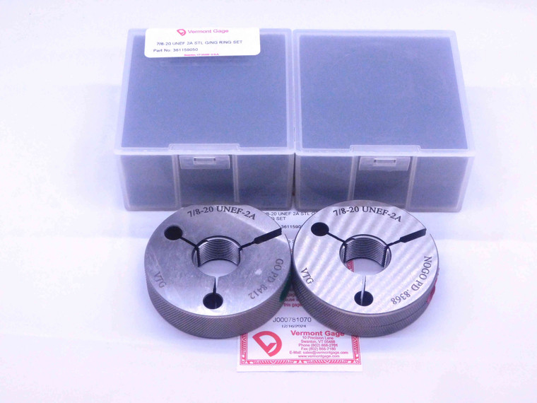NEW 7/8 20 UNEF 2A VERMONT THREAD RING GAGES .875 GO NO GO PD'S = .8412 & .8368 - DW32351VTG