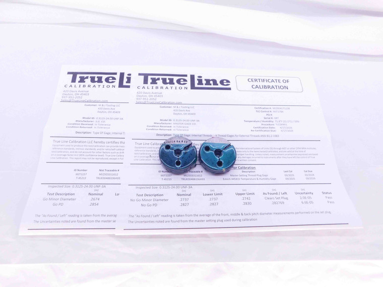 CERTIFIED 5/16 24 UNF 3A THREAD RING GAGES .3125 GO NO GO PD'S = .2854 & .2827 - DW32376TLC