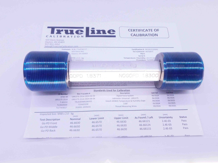 CERTIFIED M48 X 2 6g SET THREAD PLUG GAGE 48 2.0 GO NO GO PDS= 46.663 & 46.483 - DW32380TLC