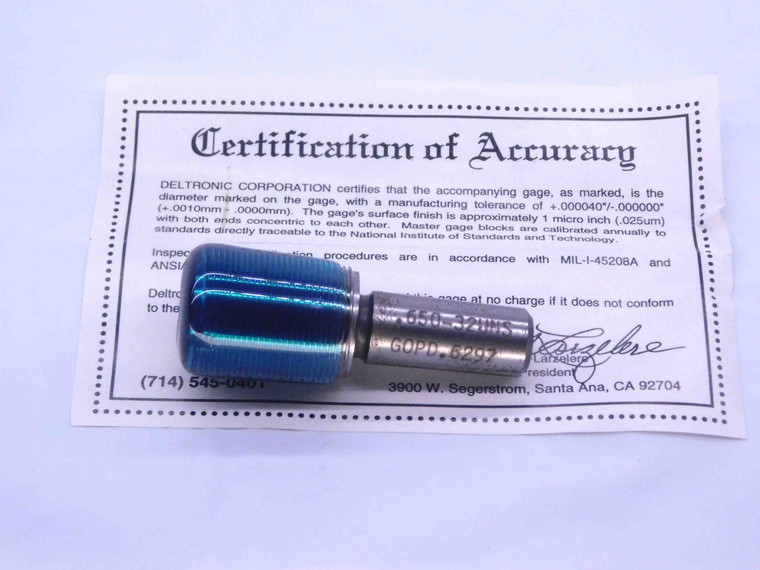 CERTIFIED .650 32 UNS THREAD PLUG GAGE .65 .6500 GO ONLY P.D. = .6297 2B OR 3B - DW32496CN4