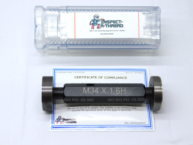 NEW M34 X 1 6H METRIC THREAD PLUG GAGE 34 1.0 GO NO GO P.D.'S = 33.350 & 33.520 - DW32416MSAF