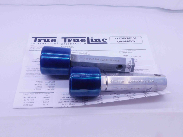 CERTIFIED 2 1/16 16 UN 3A SET THREAD PLUG GAGE 2.0625 GO NO GO = 2.0219 2.0179 - DW32417TLC