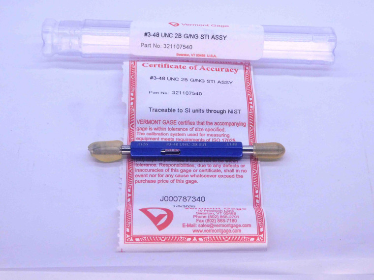 NEW 3 48 UNC 2B STI VERMONT VERMONT THREAD PLUG GAGE #3 .099 GO NOGO .1126 .1148 - DW32806VTG