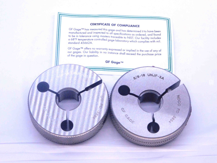 NEW 5/8 18 UNJF 3A THREAD RING GAGES .625 .6250 GO NO GO P.D.'S = .5889 & .5854 - DW32885GFG
