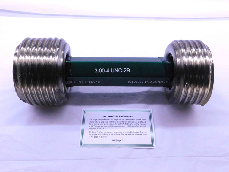 NEW 3" 4 UNC 2B THREAD PLUG GAGE 3.0 4. GO NO GO P.D.'S = 2.8376 & 2.8515 CHECK - DW32887GFG