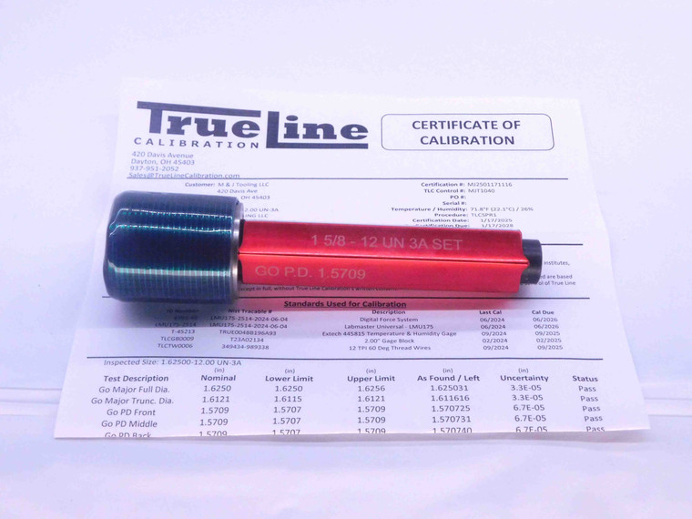 CERTIFIED 1 5/8 12 UN 3A SET THREAD PLUG GAGE 1.625 GO ONLY P.D. = 1.5709 CHECK - DW32898TLC
