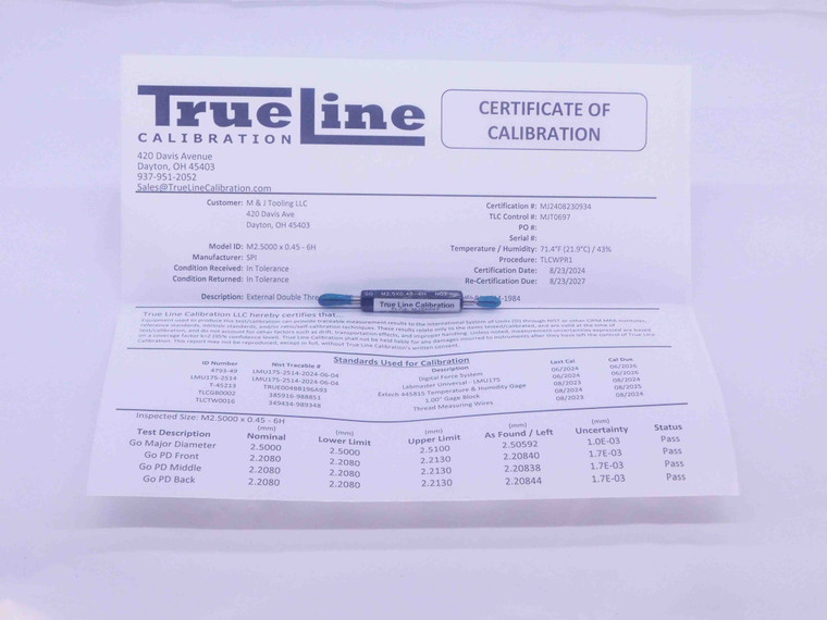 CERTIFIED M2.5 X .45 6H THREAD PLUG GAGE 2.5 0.45 GO NO GO PD'S = 2.208 & 2.303 - DW32976TLC