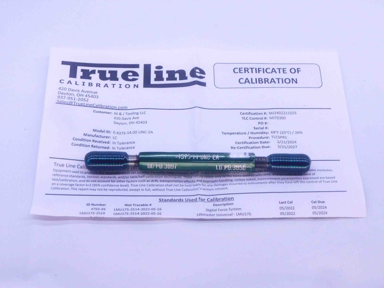 CERTIFIED 7/16 14 UNC 2A SET THREAD PLUG GAGE .4375 GO NO GO PDS= .3897 & .3850 - DW32980TLC