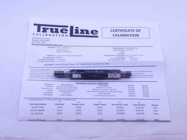 BUDGET 3/8 16 UNC 2A PREPLATE SET THREAD PLUG GAGE .375 GO NO GO = .3321 .3277 - DW33009TLC