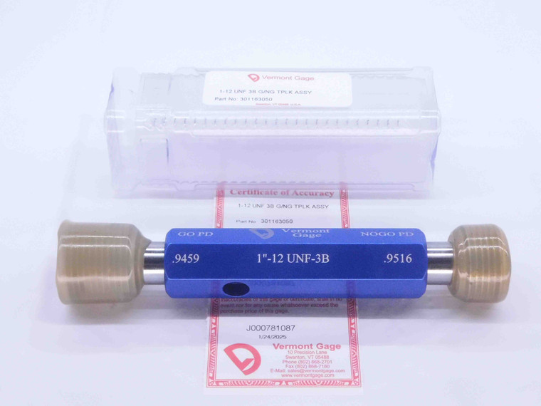 NEW 1" 12 UNF 3B VERMONT THREAD PLUG GAGE 1.0 GO NO GO P.D.'S = .9459 & .9516 - DW33044VTG